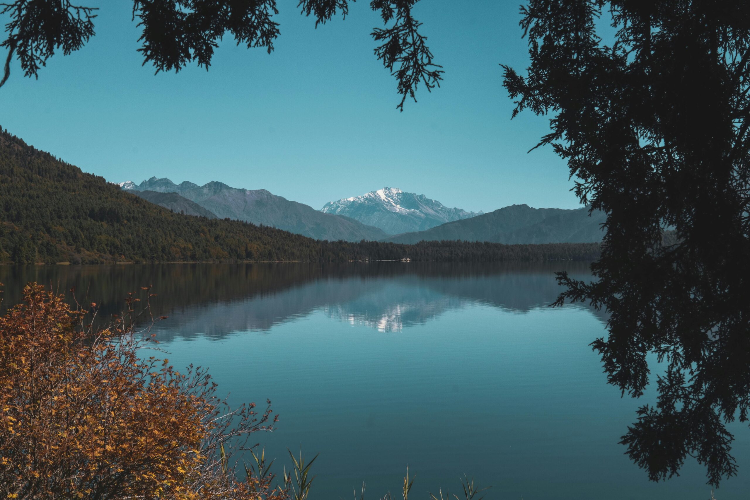 Serene view of Rara Lake with distant mountains, showcasing Nepal's natural beauty.